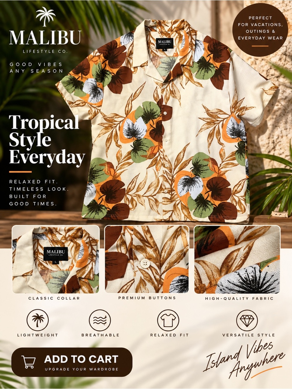 Malibu Cream Tropical Floral Short-Sleeve Button-Up Shirt